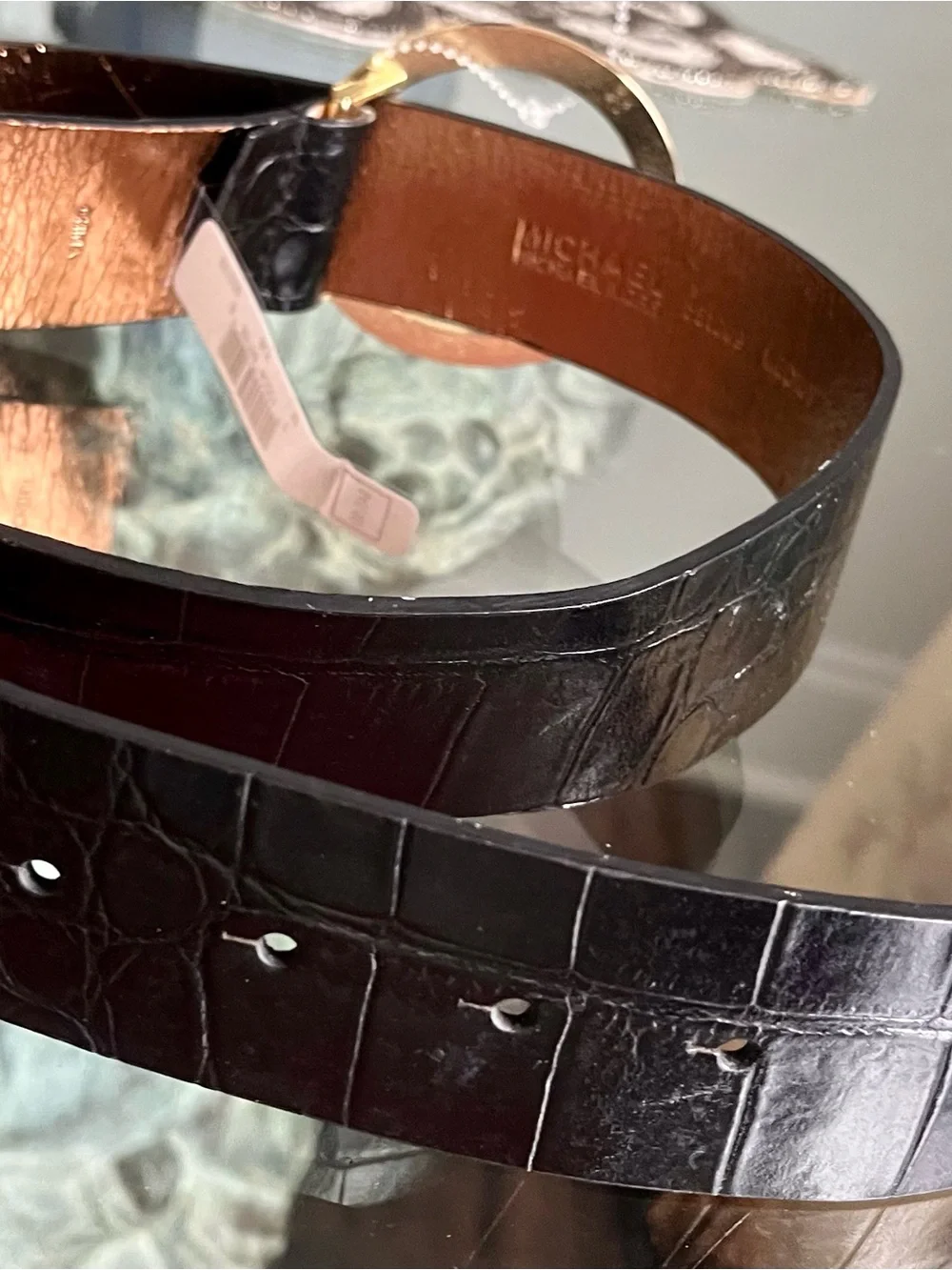 Michael Kors Black Croc-Embossed Leather Belt with Gold MK Circle Buckle